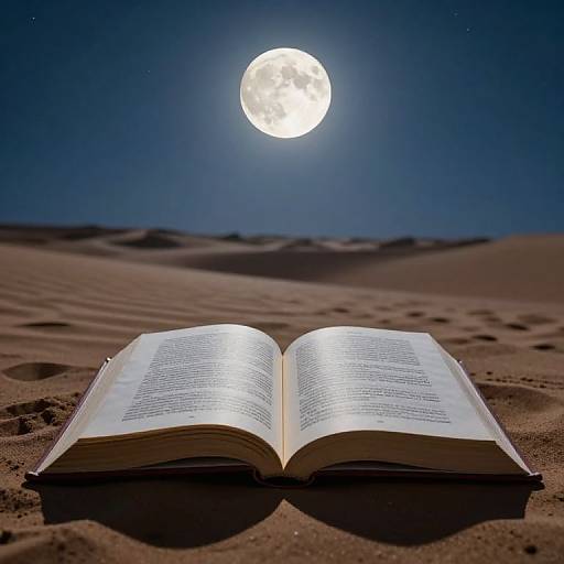 Photograph of an open book on a desert sand dune under a bright full moon in a clear night sky.