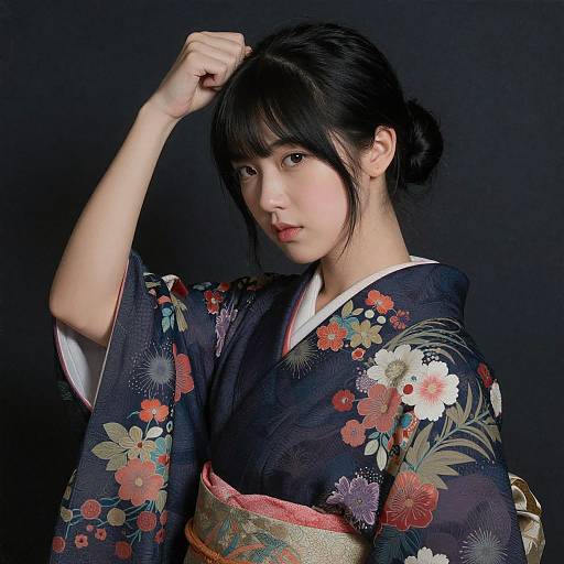Photograph of a young Asian woman with fair skin, black hair in a bun, wearing a dark navy floral kimono, raising her right arm against