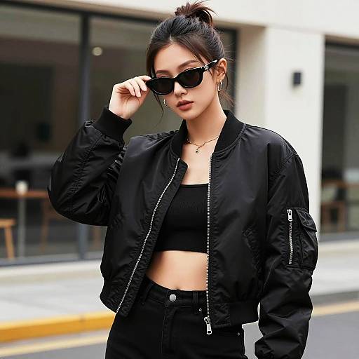 Young Woman in Black Bomber Jacket with Sunglasses