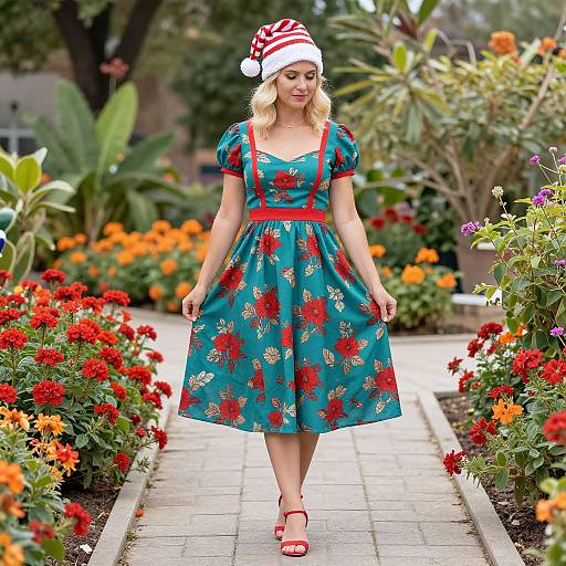 Blonde Woman in Floral Teal Dress