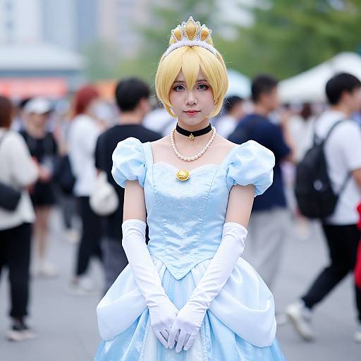 Photograph of a young Asian woman with blonde bob, wearing a Princess Peach cosplay outfit, crown, white gloves, and pearl necklace, standing in a