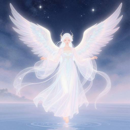 Digital art of a radiant, white-winged angel with glowing halo, flowing robes, and ethereal ribbons, standing in a serene, starlit