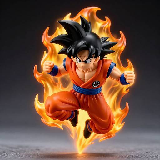 Digital artwork of Super Saiyan Goku leaping, surrounded by intense orange flames. He wears orange martial arts outfit with blue belt. Dark gradient background.