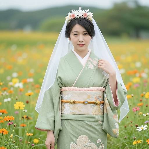 Woman in Kimono with Crown and Veil