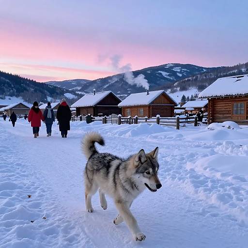 Photograph of a snowy village at sunset with a grey and white husky dog walking in the foreground, people in winter clothes in the background, wooden