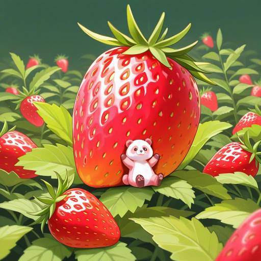 Playful Miniature Pink Panda on Strawberry Playful Miniature Pink Panda on Strawberry