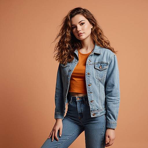 Young Woman in Denim Jacket and High-Waisted Jeans