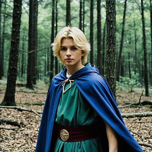 Blonde Young Man in Costume Cape in Forest