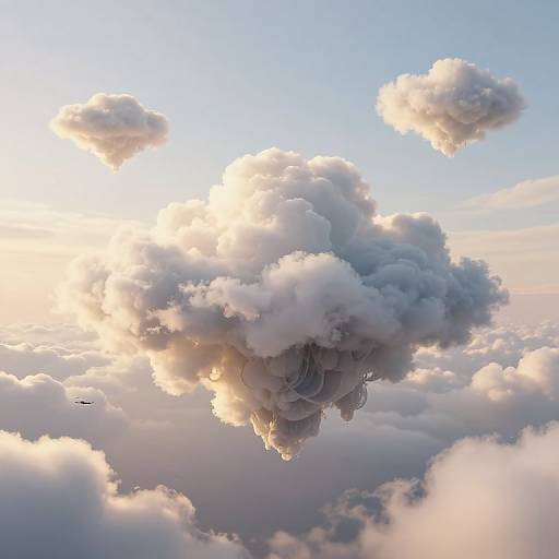 CGI image of a massive, swirling cloud formation illuminated by sunlight, floating in a blue sky with scattered, smaller clouds.