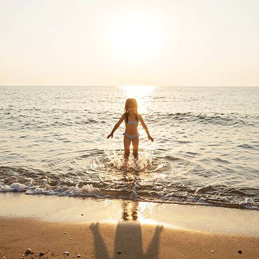 Photograph of a blonde girl in a bikini, standing in shallow ocean water at sunset, with sun glare and shadow in foreground.
