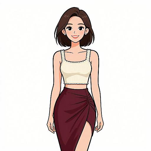 Digital anime-style drawing of a smiling young woman with short brown hair, wearing a white sleeveless top and a maroon skirt with a high side slit