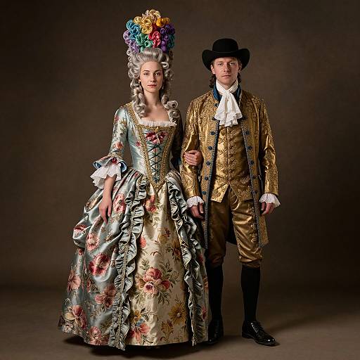 Photograph of a regal couple in elaborate 18th-century attire; woman in floral satin gown and towering wig, man in gold coat and black