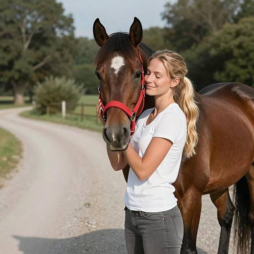 Woman Hugging Brown Horse on Gravel Road