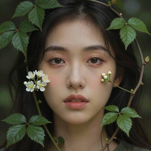 Photograph of a young Asian woman with fair skin, dark hair, and soft brown eyes, surrounded by green leaves and white flowers, creating a natural
