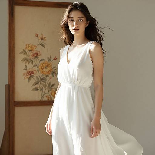 Petite Model in Flowy White Dress