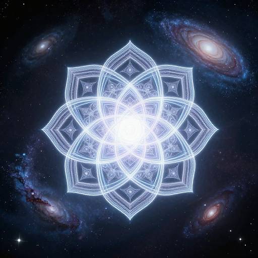 Digital art: Glowing blue, intricate, multi-layered starburst pattern centered in a dark, star-filled space with visible galaxies.