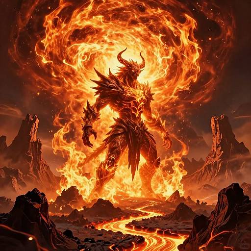 Digital artwork of a fiery, demonic dragon with horns and wings, engulfed in bright orange flames, standing amidst a rocky, lava-filled landscape with jag