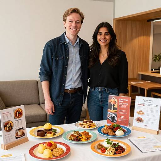 Photograph of smiling Caucasian man with blonde hair and dark-haired woman in black shirt, standing in modern cafe, next to colorful breakfast buffet table with assorted