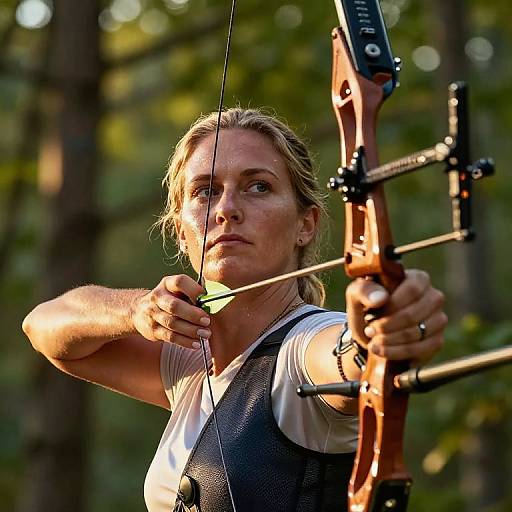Photograph of a focused blonde archer with fair skin, holding a wooden recurve bow, aiming in a sunlit forest.