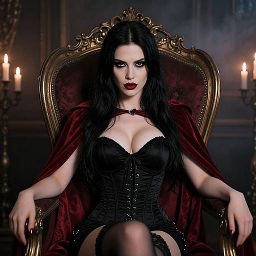 Photograph of a pale-skinned, dark-haired woman with red lipstick, wearing a black corset, red cape, and lace stockings, seated on