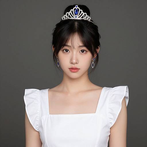 Photograph of an East Asian woman with fair skin, black hair in a bun, wearing a silver tiara, white ruffled dress, and blue