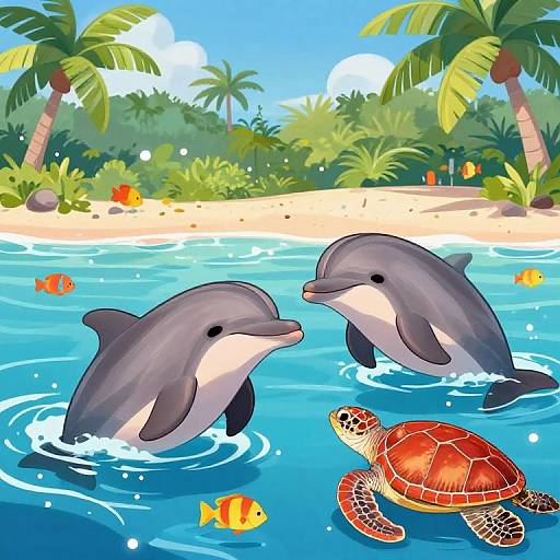 Digital illustration of two dolphins playing in clear blue water near a tropical beach, with a sea turtle and colorful fish nearby, surrounded by palm trees and lush