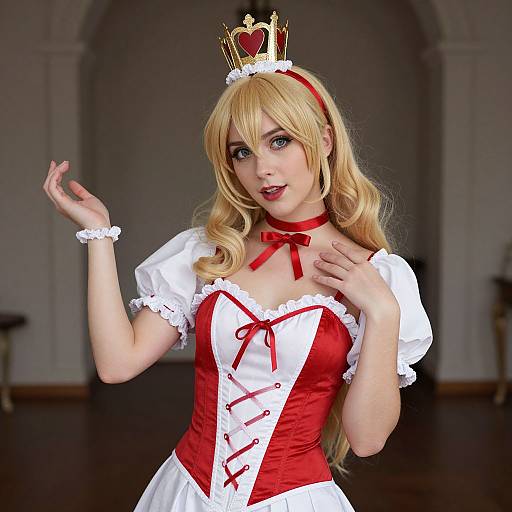 Blonde woman in red and white cosplay dress, gold crown, red ribbon choker, white wrist cuffs, posing in elegant hall. Photographic realism