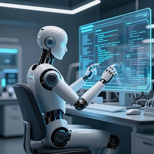 Photograph of a white humanoid robot seated at a desk, typing on a keyboard, interacting with blue-coded code on a large screen.