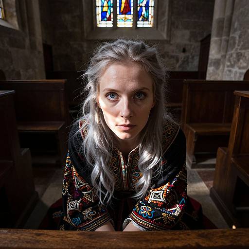 Photograph of a young woman with long, silver hair, blue eyes, and intricate embroidered black blouse, sitting in a dimly lit, stone-w