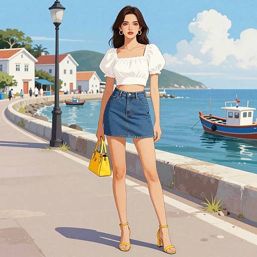 Digital illustration of a young woman with long black hair, wearing a white crop top, blue denim skirt, yellow heels, and matching yellow handbag,