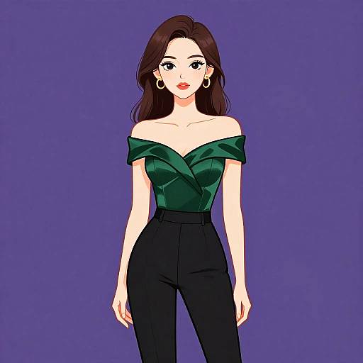 Chic Woman in Emerald and Black Outfit