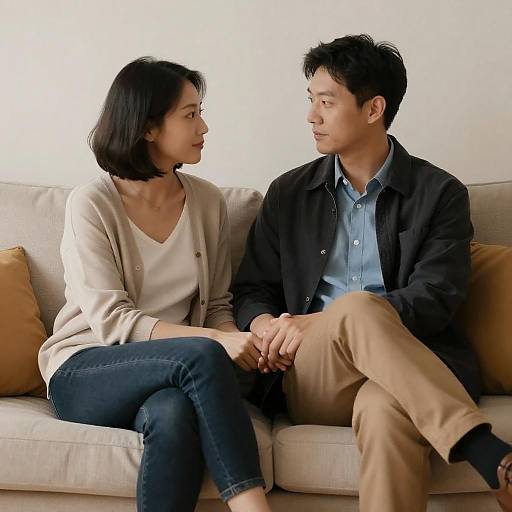 Warm Intimate Couple on Beige Couch