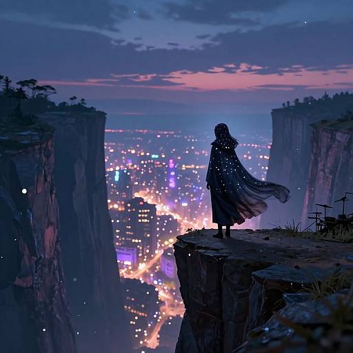 Digital anime-style artwork of a silhouetted figure in a flowing cloak standing on a cliff at dusk, overlooking a brightly lit city below with colorful