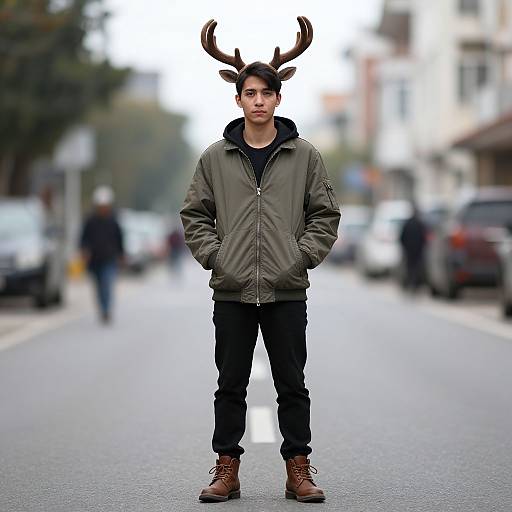 Photograph of a young man with dark hair, wearing a green jacket, black pants, brown boots, and deer antlers headband, standing confidently