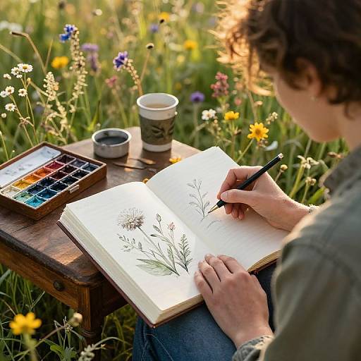 Photograph of a person with curly hair, drawing flowers in an open book on a wooden table in a sunny meadow, surrounded by wildflowers,
