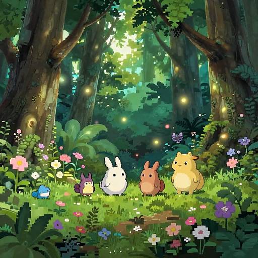 Whimsical forest scene with colorful pixel art: four cute, round animals—white bunny, brown bunny, yellow bear, purple cat—stand among