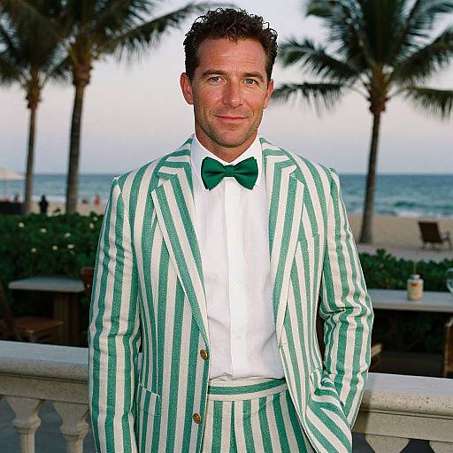 Photograph of a man with short brown hair in a green and white striped suit, green bow tie, standing on a beachfront balcony with palm trees