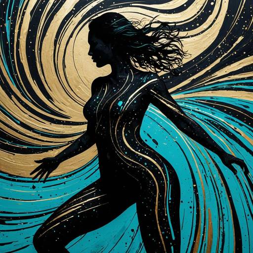 Abstract Silhouette of Woman with Gold and Turquoise Swirls