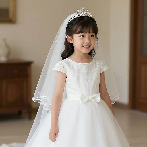 Photograph of a young Asian girl with long black hair, wearing a white satin wedding dress, lace-trimmed sleeves, and a silver tiara