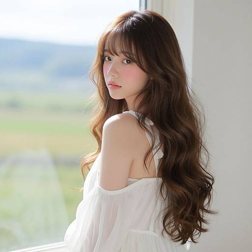 Photograph of an East Asian woman with long, wavy brown hair, wearing an off-shoulder white top, standing near a sunlit window