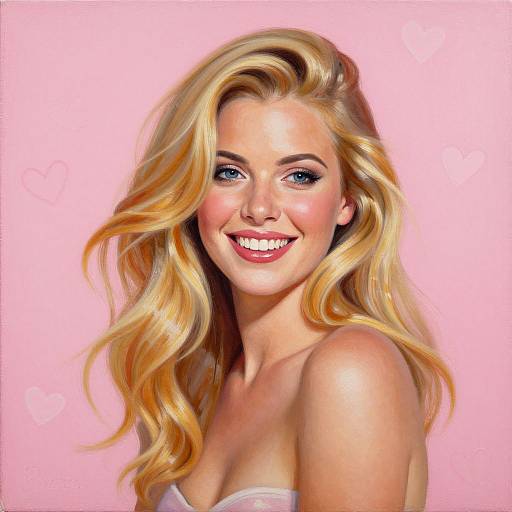 Digital illustration of a smiling blonde woman with wavy hair, bright blue eyes, and fair skin, set against a pink background. She wears a strap