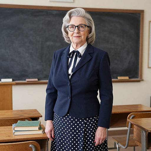 Photograph of an elderly white woman with short gray hair, glasses, black blazer, polka dot skirt, standing in a classroom. Blackboard