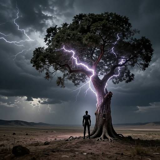 Photograph of a silhouetted figure standing before a lightning-struck, ancient tree with a ladder, under a dramatic, stormy sky.