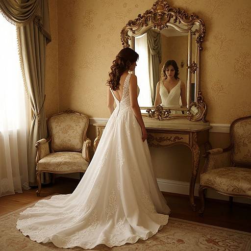 Photograph of a bride in a white lace wedding dress, standing before an ornate gold mirror, reflected light, vintage room.