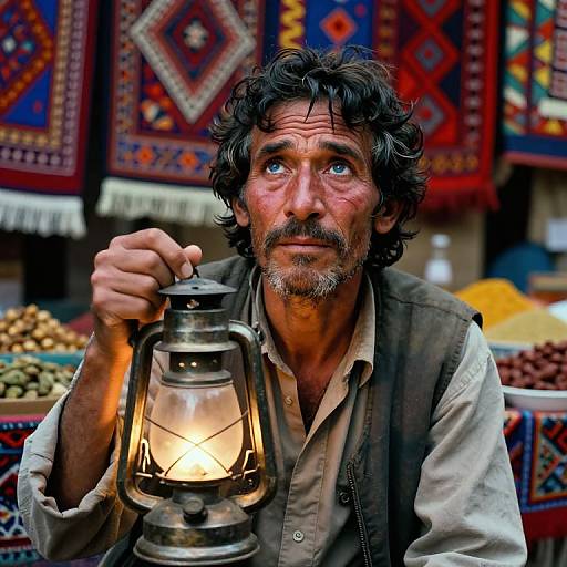 Photograph of a rugged, middle-aged man with curly black hair and beard, holding a lit lantern, surrounded by colorful, patterned textiles and market