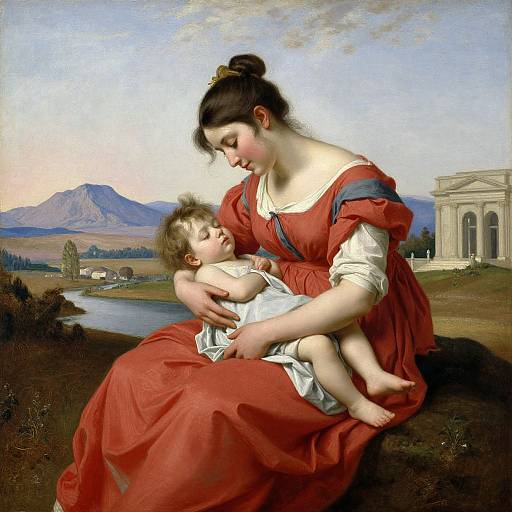 Painting of a fair-skinned woman in a red dress, sitting outdoors, cradling a curly-haired baby in white, with a mountain and