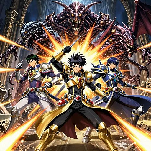 Anime-style digital artwork of four warriors in elaborate armor, surrounded by a blazing explosion, facing a monstrous, dark creature in a grand cathedral. Dynamic,