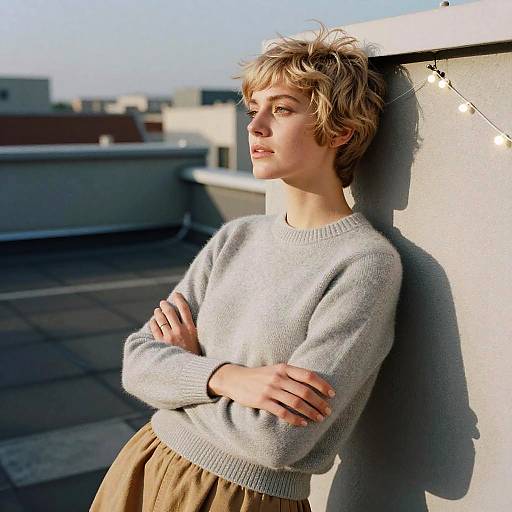 Photograph of a blonde, short-haired woman in a gray sweater and beige skirt, leaning against a rooftop wall with string lights.