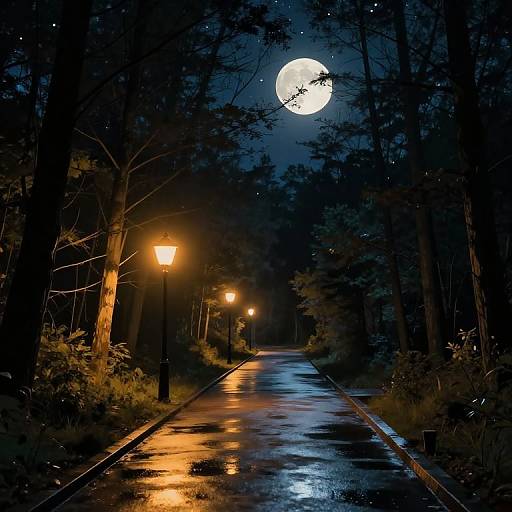 Photograph of a moonlit, wet forest pathway with glowing street lamps, reflecting light on the shiny road, surrounded by tall trees.