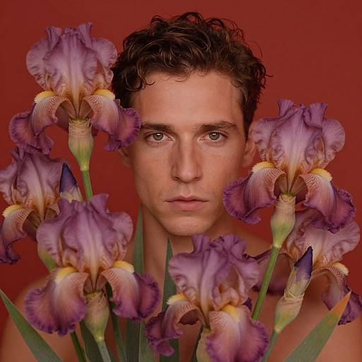 Photograph of a serious, curly-haired man with fair skin and blue eyes, surrounded by vibrant purple irises against a red background.